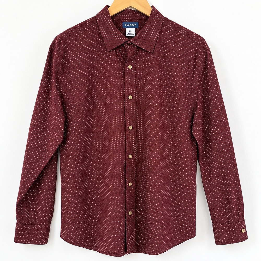 Old Navy Mens Everyday Shirt Burgundy Polka Dot Regular Fit Built-In Flex XL